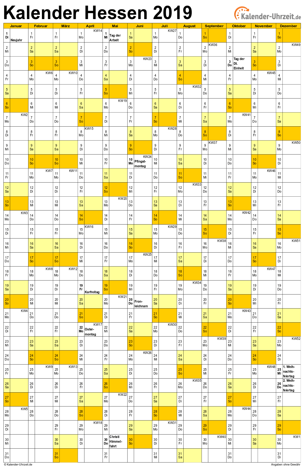 Hessen Kalender 2019 mit Feiertagen - hoch-einseitig