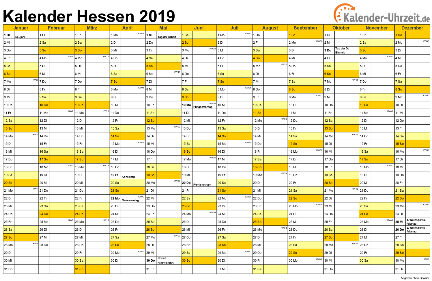 Hessen Kalender 2019 mit Feiertagen - quer-einseitig