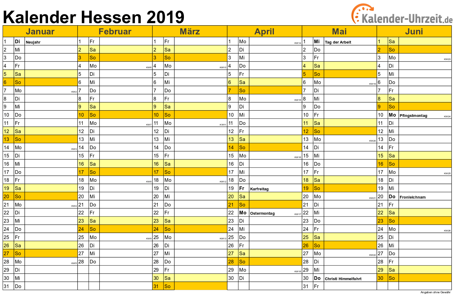 Hessen Kalender 2019 mit Feiertagen - quer-zweiseitig