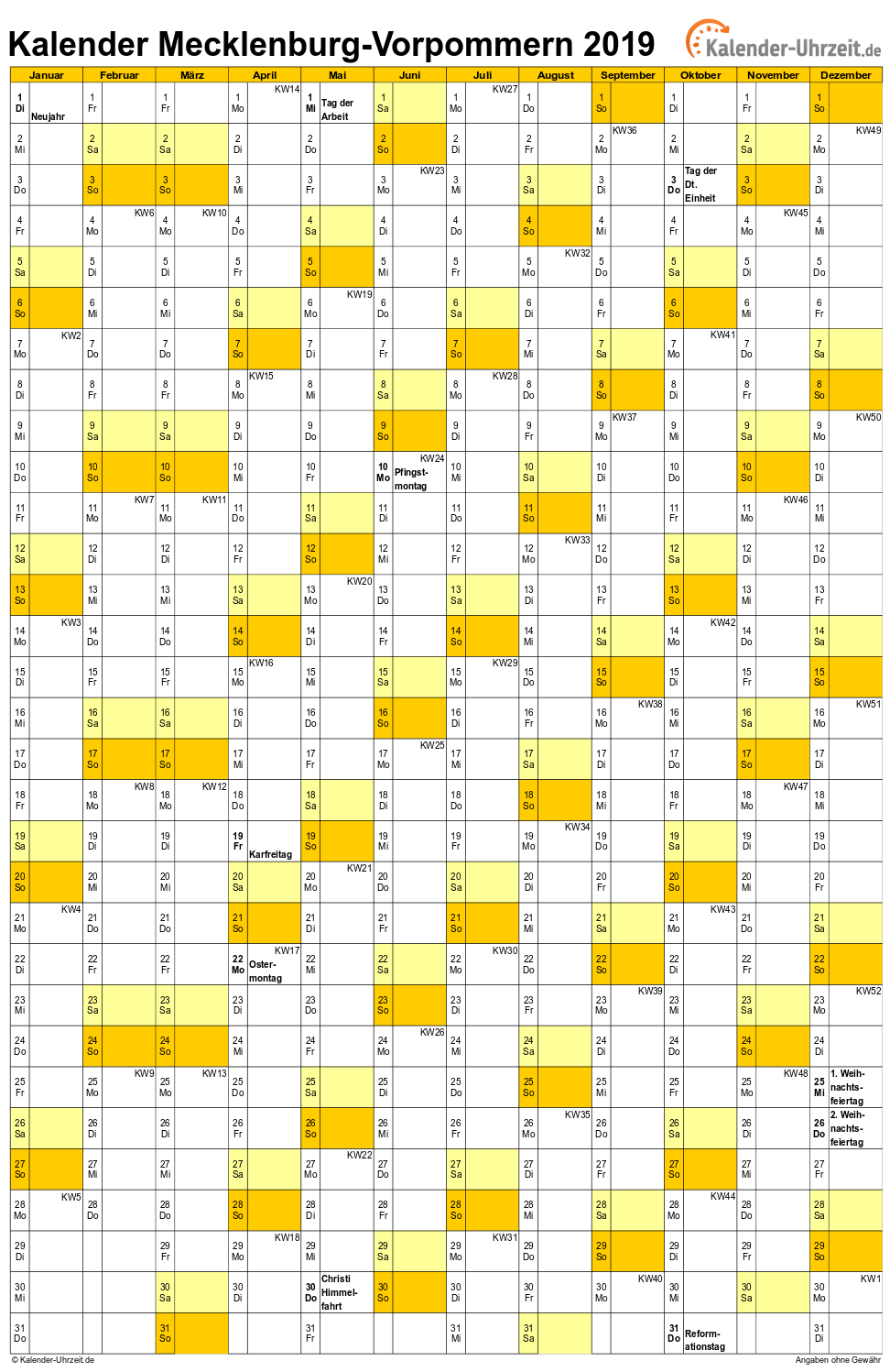 Meck.-Pomm. Kalender 2019 mit Feiertagen - hoch-einseitig