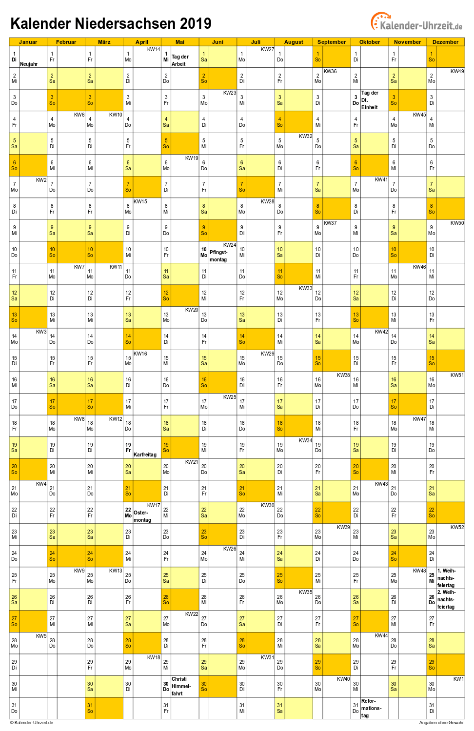 Niedersachsen Kalender 2019 - A4 hoch-einseitig Niedersachsen Kalender 2019 mit Feiertagen - hoch-einseitig
