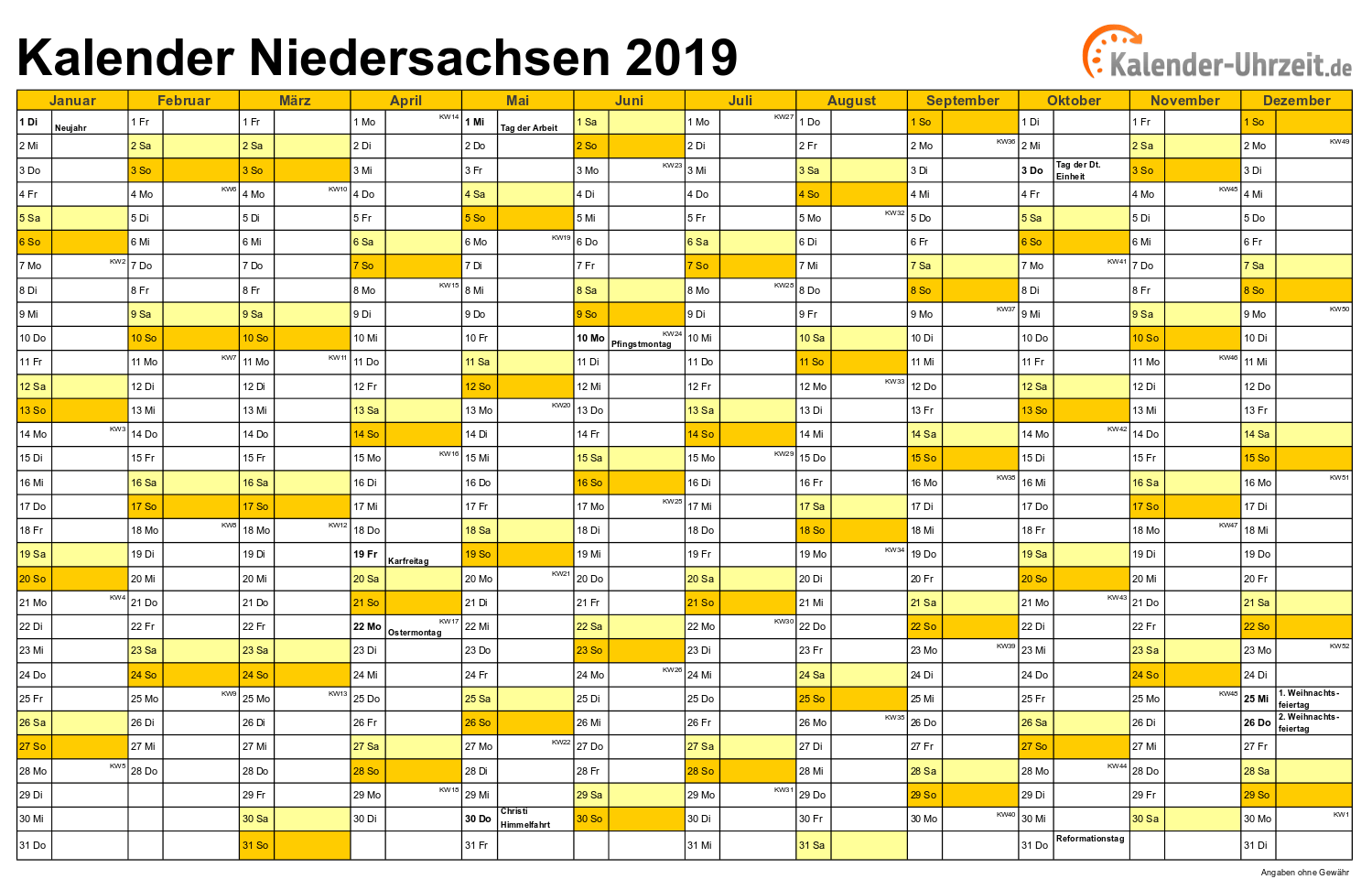 Niedersachsen Kalender 2019 mit Feiertagen - quer-einseitig