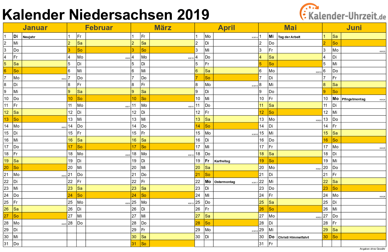 Niedersachsen Kalender 2019 - A4 quer-zweiseitig Niedersachsen Kalender 2019 mit Feiertagen - quer-zweiseitig