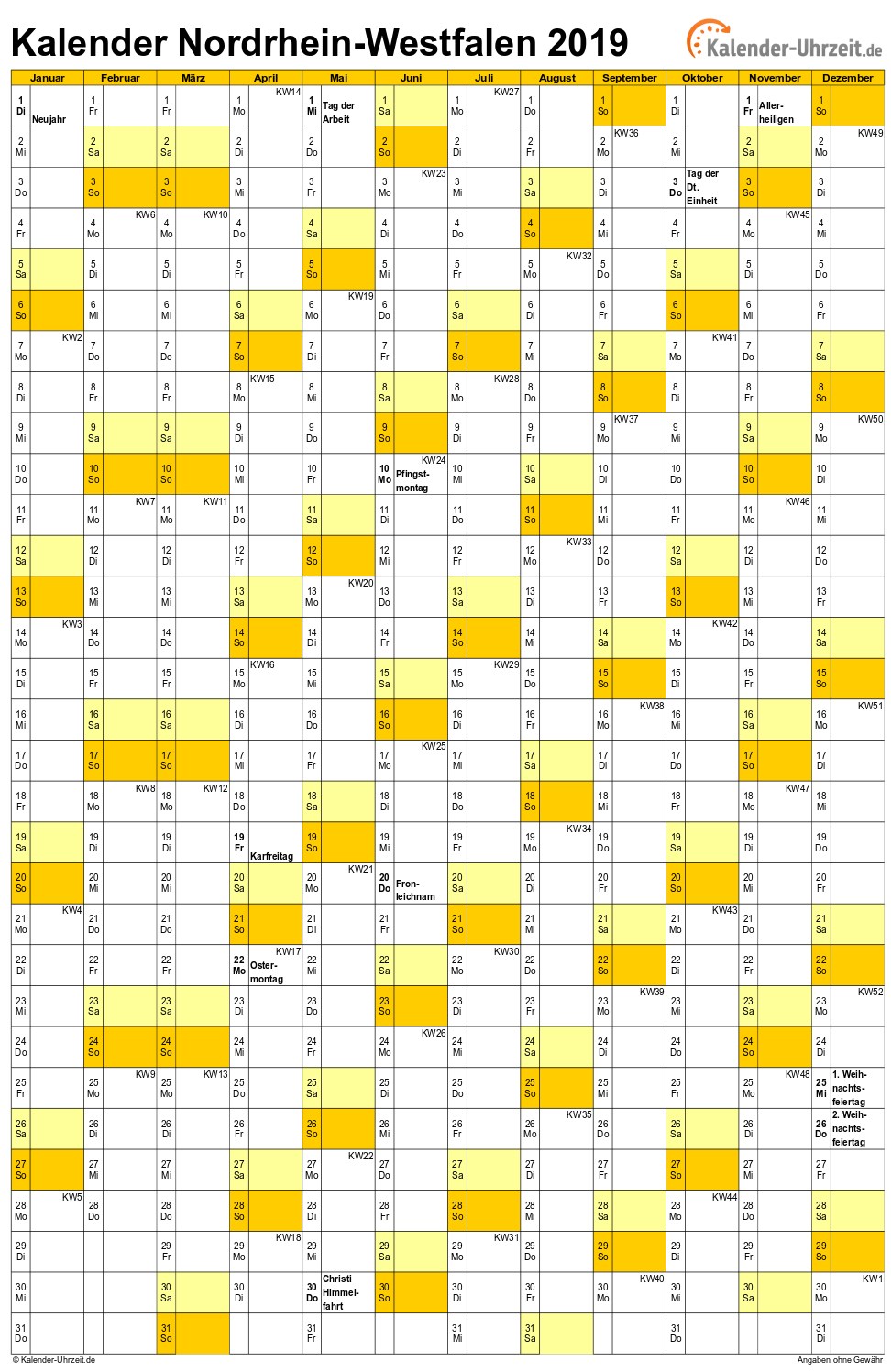 Nordrhein-Westfalen Kalender 2019 - A4 hoch-einseitig Nordrhein-Westfalen Kalender 2019 mit Feiertagen - hoch-einseitig