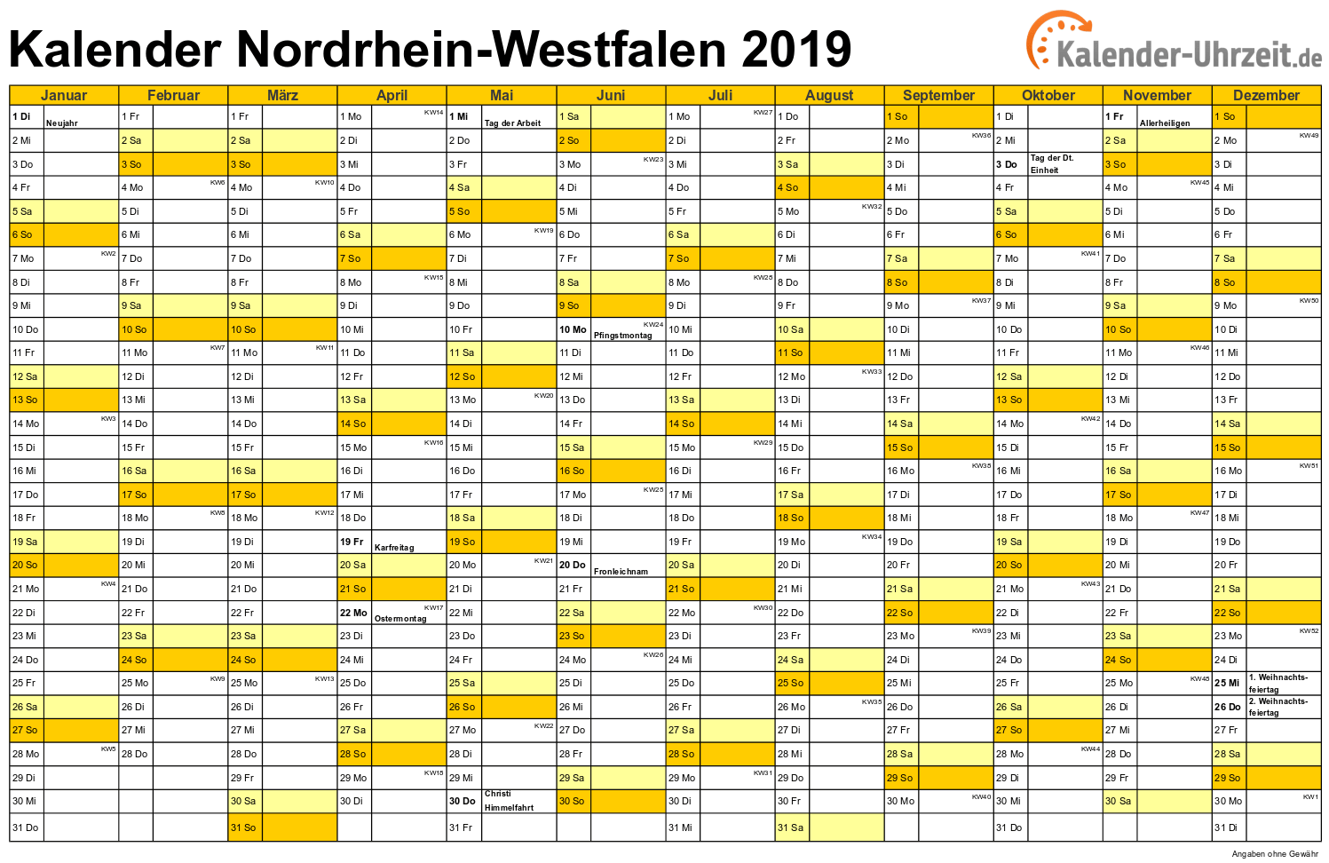 Nordrhein-Westfalen Kalender 2019 - A4 quer-einseitig Nordrhein-Westfalen Kalender 2019 mit Feiertagen - quer-einseitig