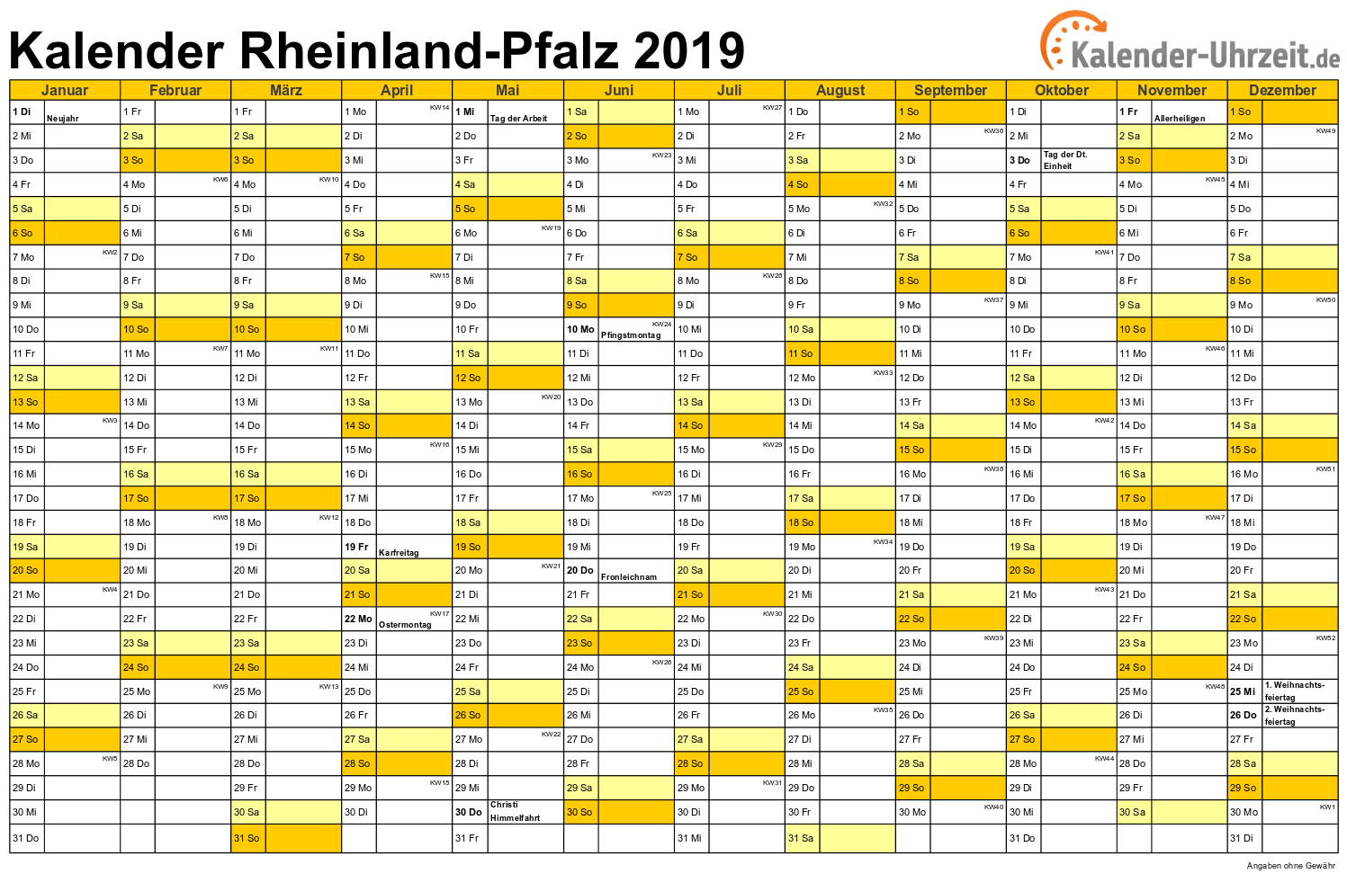 Rheinland-Pfalz Kalender 2019 mit Feiertagen - quer-einseitig