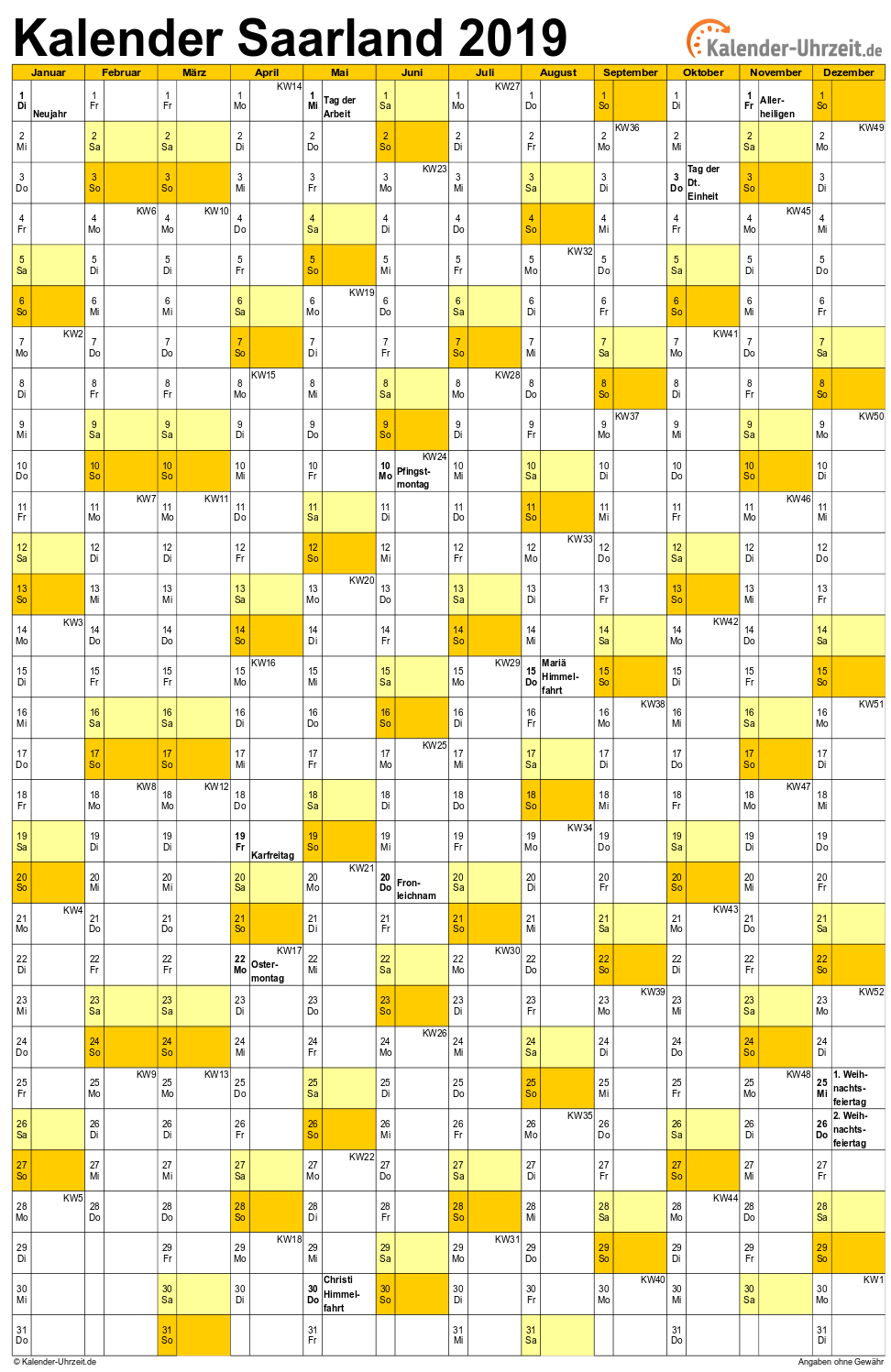 Saarland Kalender 2019 mit Feiertagen - hoch-einseitig