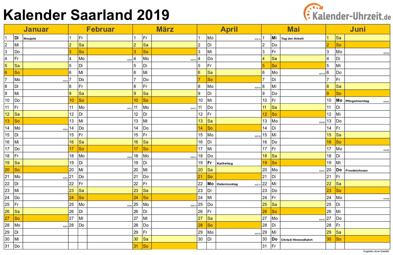 Saarland Kalender 2019 mit Feiertagen - quer-zweiseitig