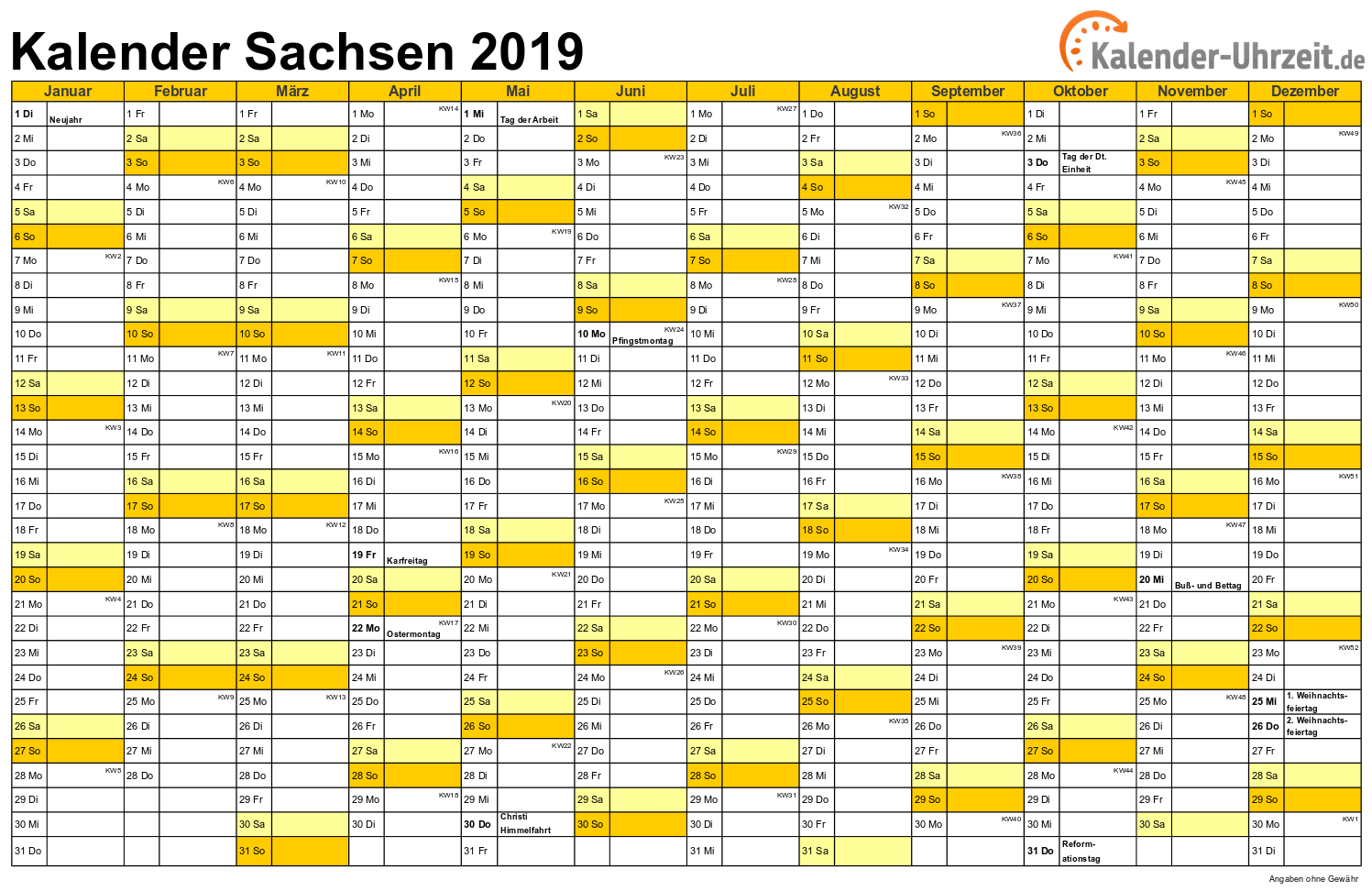 Sachsen Kalender 2019 mit Feiertagen - quer-einseitig