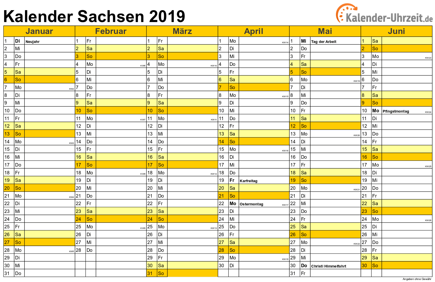 Sachsen Kalender 2019 mit Feiertagen - quer-zweiseitig