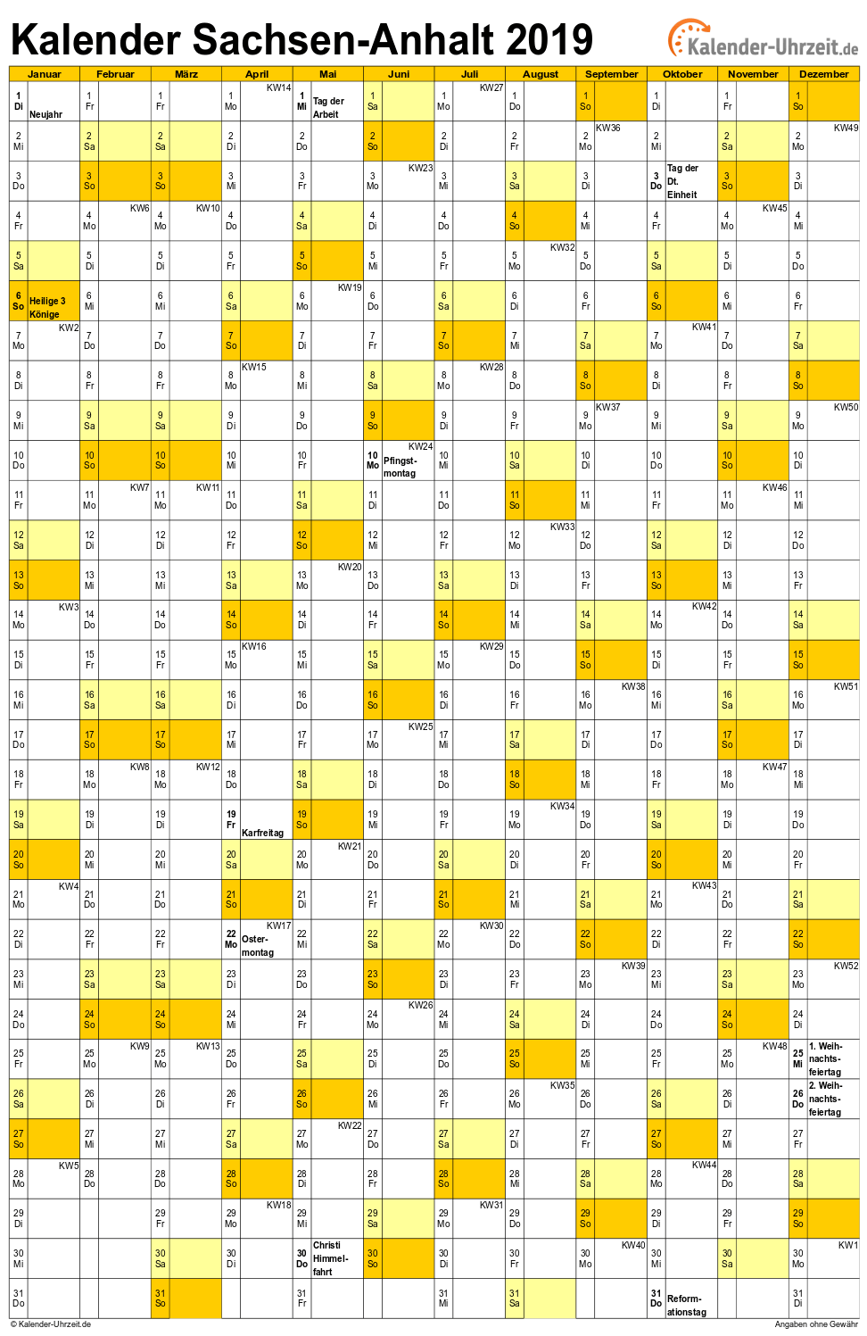 Sachsen-Anhalt Kalender 2019 - A4 hoch-einseitig Sachsen-Anhalt Kalender 2019 mit Feiertagen - hoch-einseitig