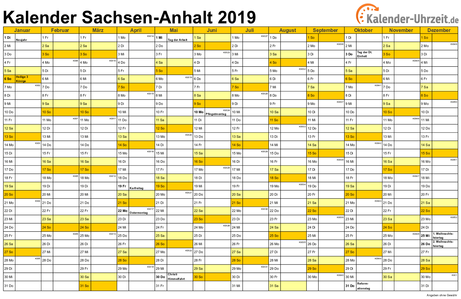 Sachsen-Anhalt Kalender 2019 mit Feiertagen - quer-einseitig