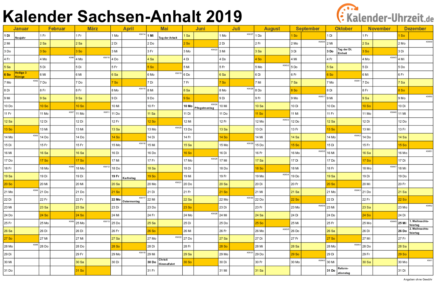 Sachsen-Anhalt Kalender 2019 - A4 quer-einseitig Sachsen-Anhalt Kalender 2019 mit Feiertagen - quer-einseitig