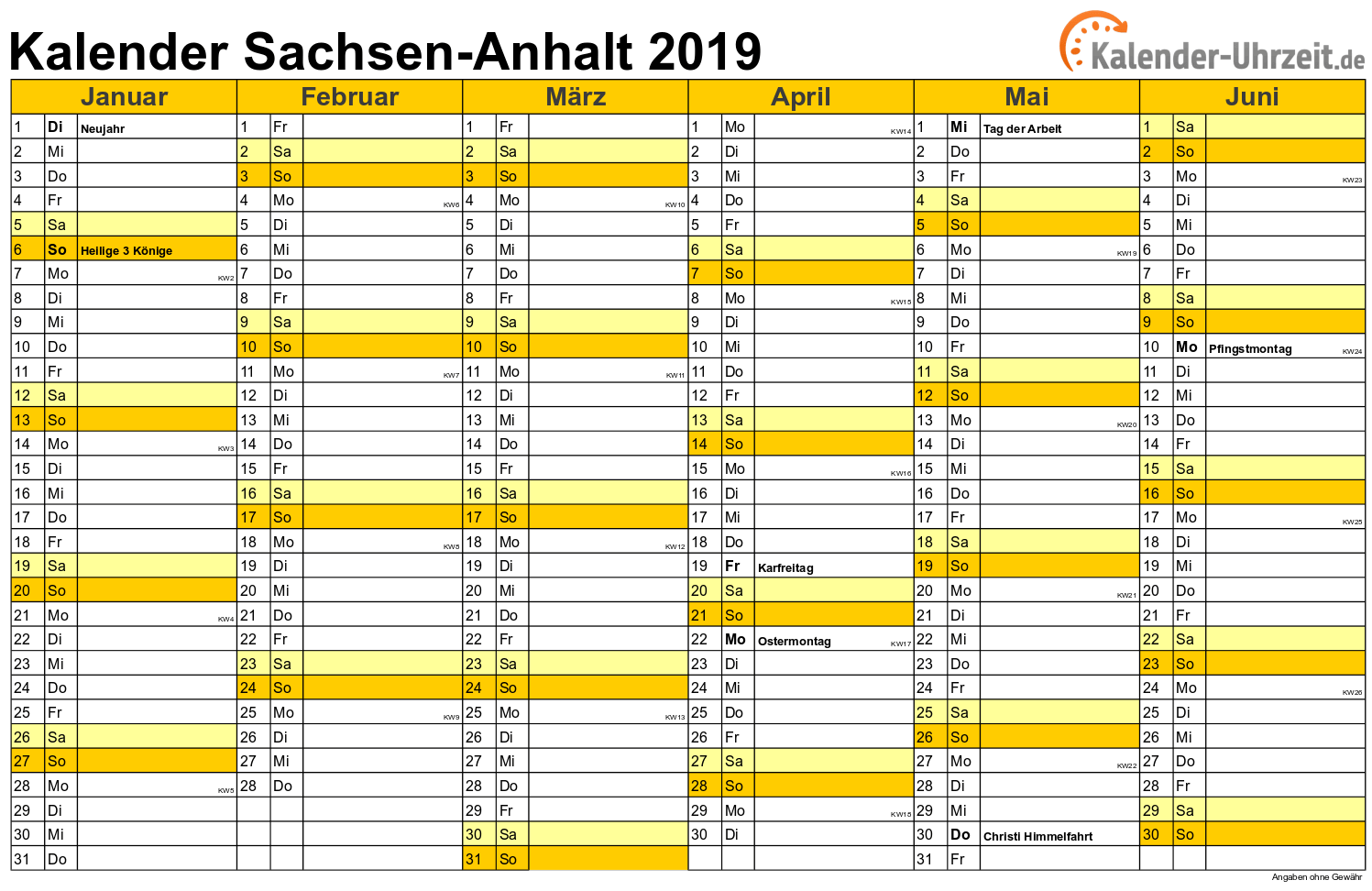 Sachsen-Anhalt Kalender 2019 mit Feiertagen - quer-zweiseitig