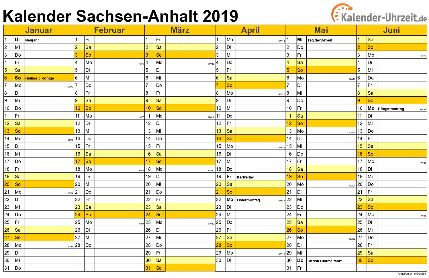 Sachsen-Anhalt Kalender 2019 - A4 quer-zweiseitig Sachsen-Anhalt Kalender 2019 mit Feiertagen - quer-zweiseitig