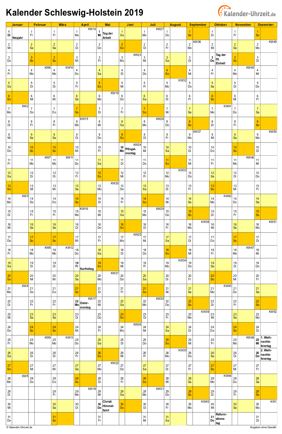 Schleswig-Holstein Kalender 2019 - A4 hoch-einseitig Schleswig-Holstein Kalender 2019 mit Feiertagen - hoch-einseitig