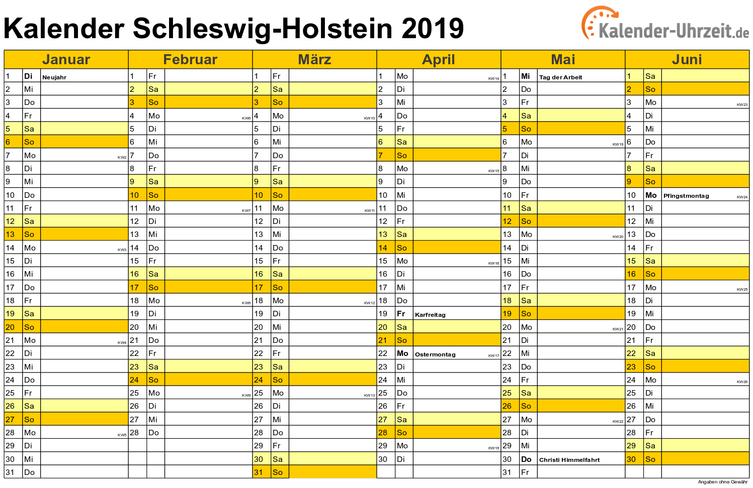 Schleswig-Holstein Kalender 2019 - A4 quer-zweiseitig Schleswig-Holstein Kalender 2019 mit Feiertagen - quer-zweiseitig