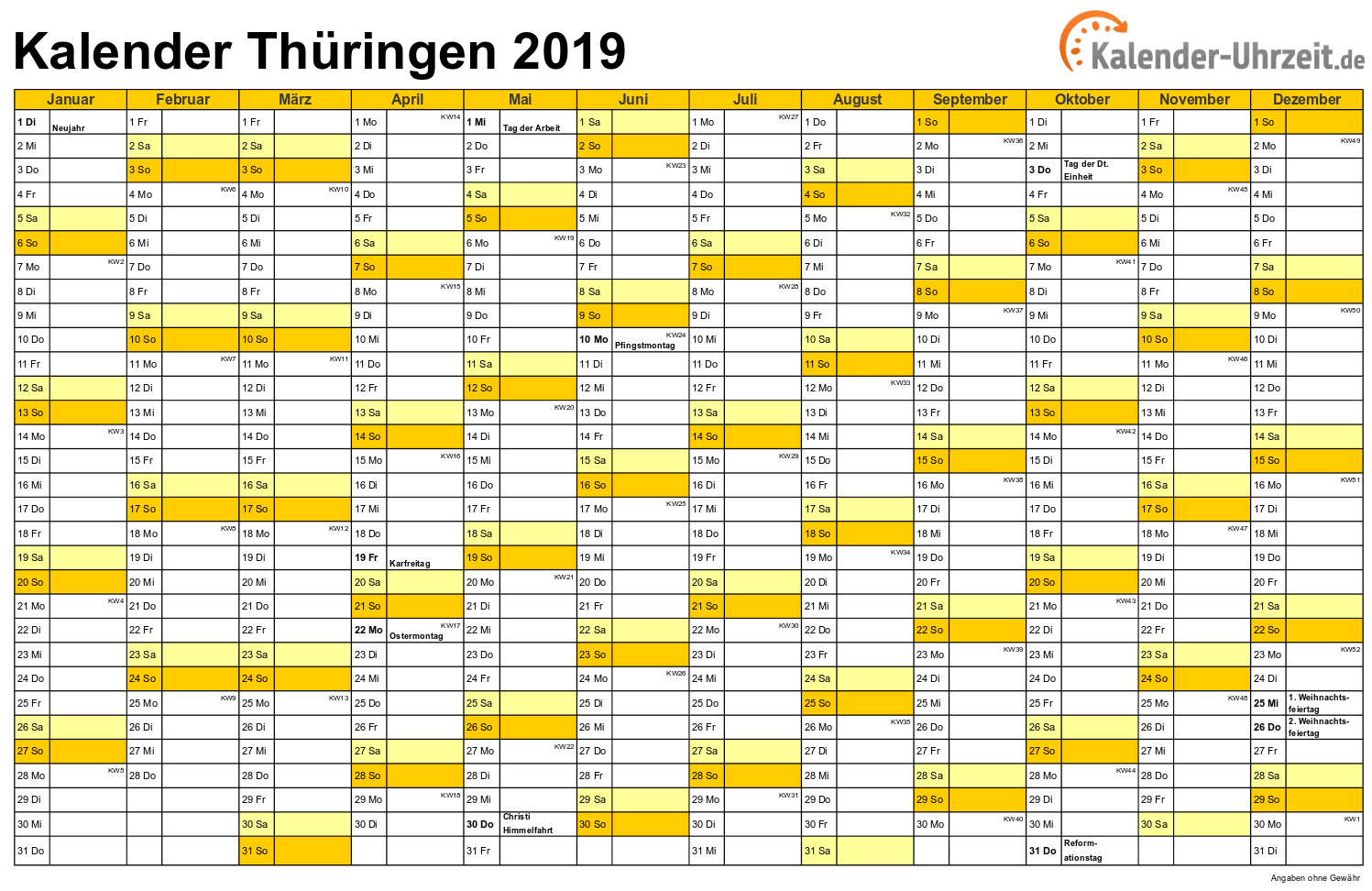 Thüringen Kalender 2019 mit Feiertagen - quer-einseitig