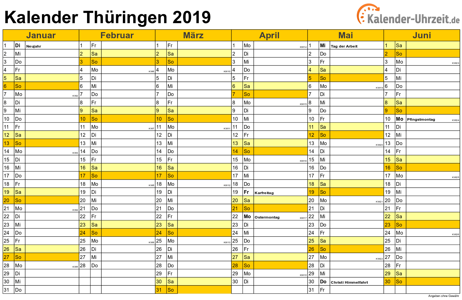 Thüringen Kalender 2019 - A4 quer-zweiseitig Thüringen Kalender 2019 mit Feiertagen - quer-zweiseitig