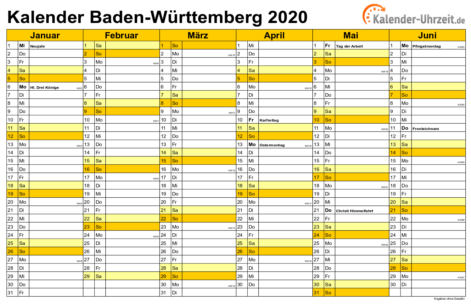 Baden-Württemberg Kalender 2020 mit Feiertagen - quer-zweiseitig