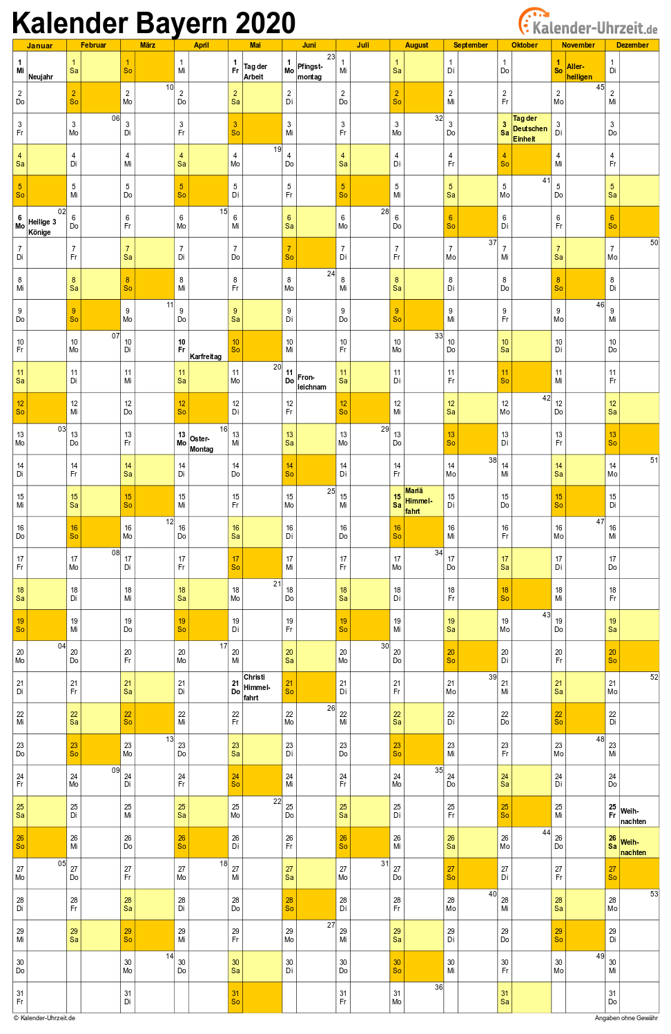 Bayern Kalender 2020 - A4 hoch-einseitig Bayern Kalender 2020 mit Feiertagen - hoch-einseitig