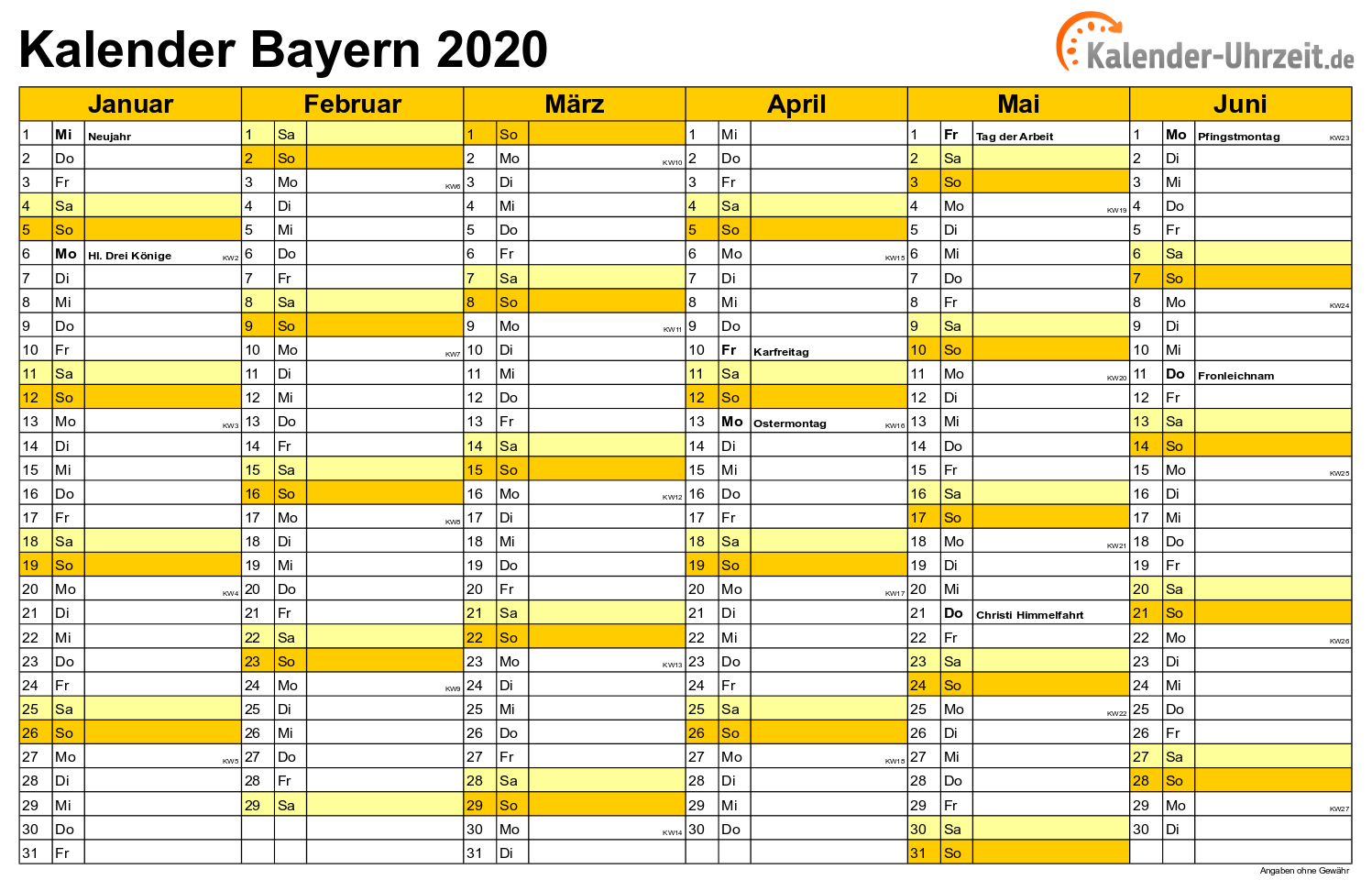 Bayern Kalender 2020 mit Feiertagen - quer-zweiseitig