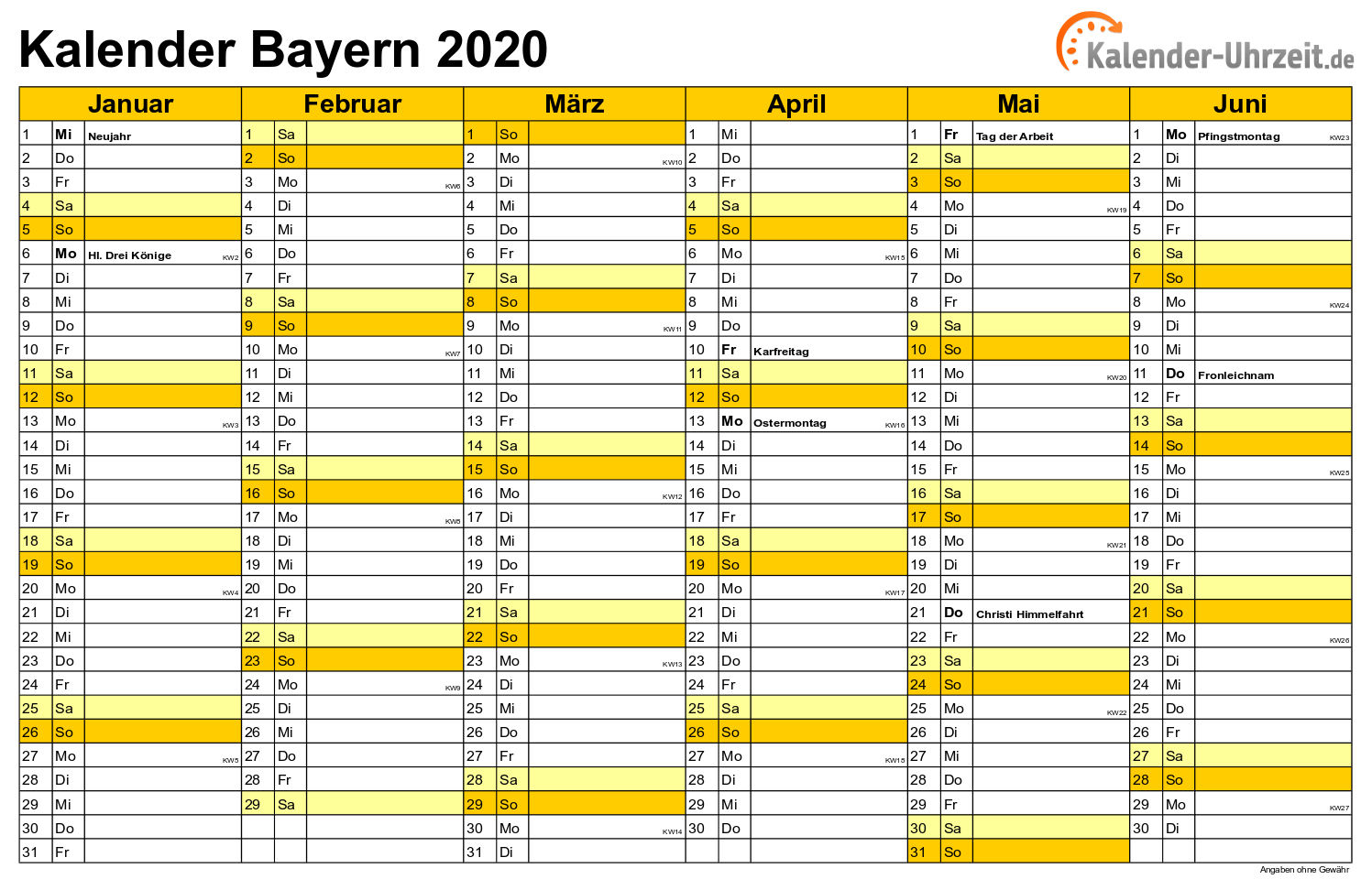Bayern Kalender 2020 - A4 quer-zweiseitig Bayern Kalender 2020 mit Feiertagen - quer-zweiseitig