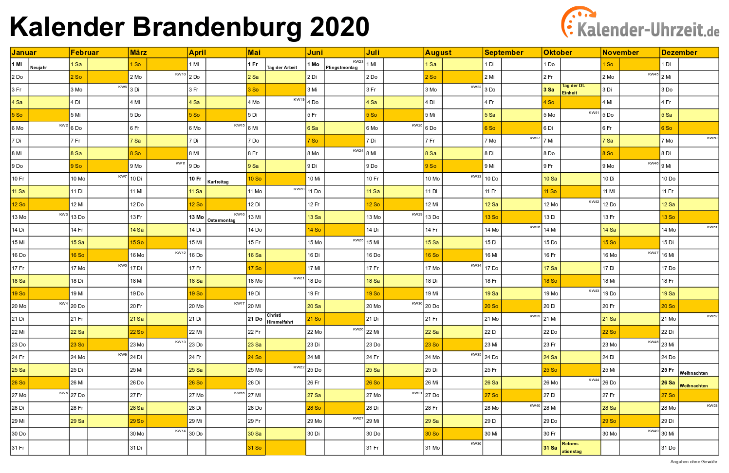 Brandenburg Kalender 2020 mit Feiertagen - quer-einseitig