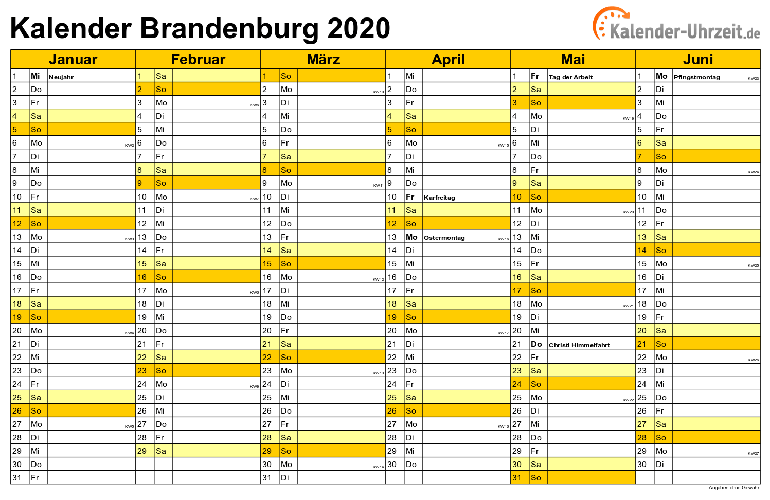Brandenburg Kalender 2020 mit Feiertagen - quer-zweiseitig