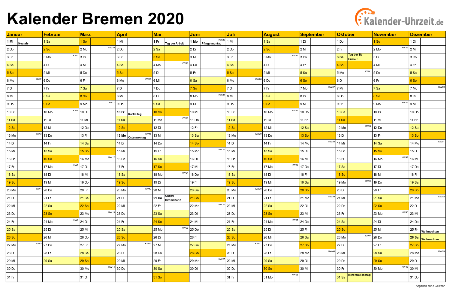 Bremen Kalender 2020 mit Feiertagen - quer-einseitig