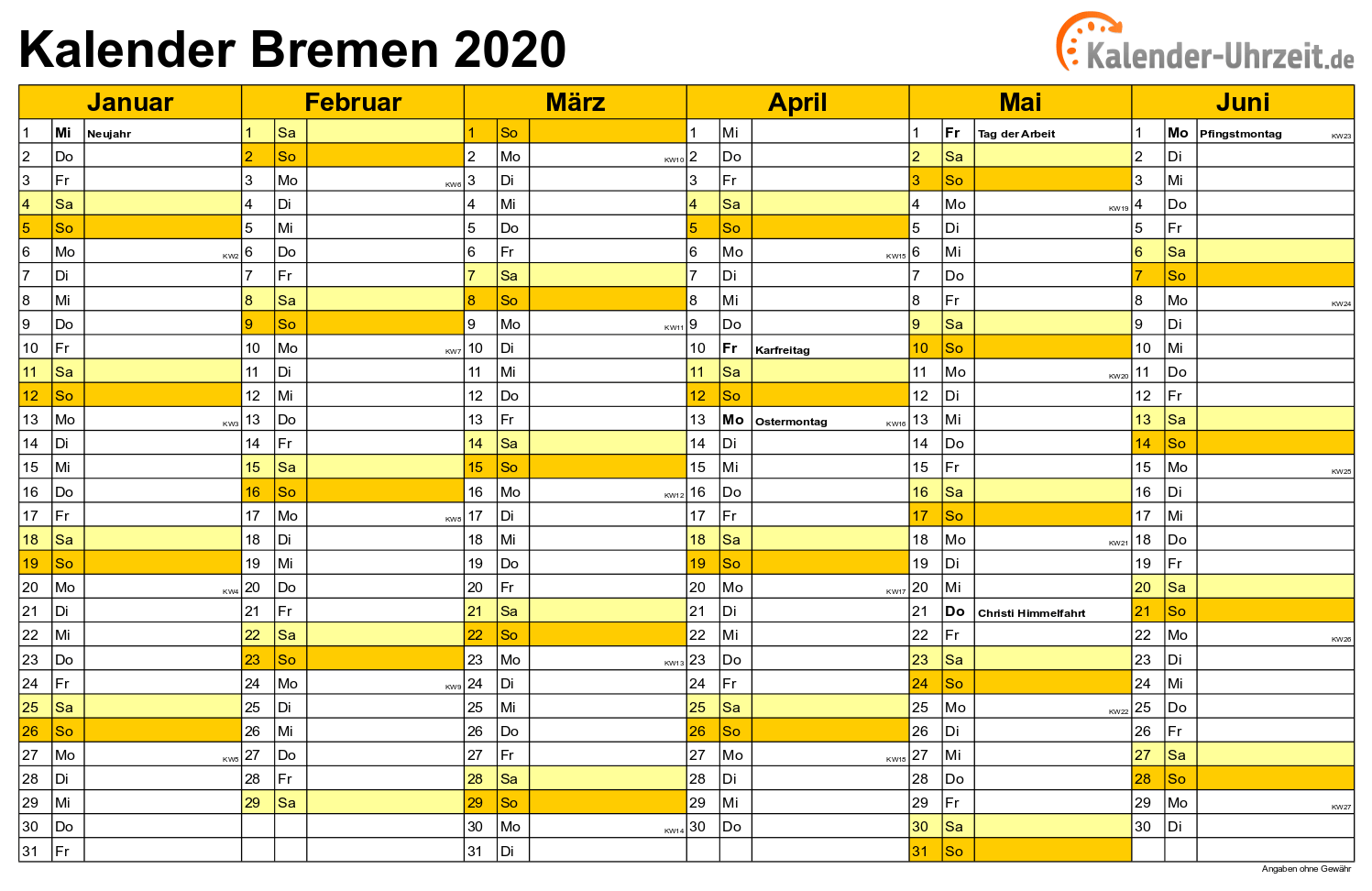 Bremen Kalender 2020 mit Feiertagen - quer-zweiseitig