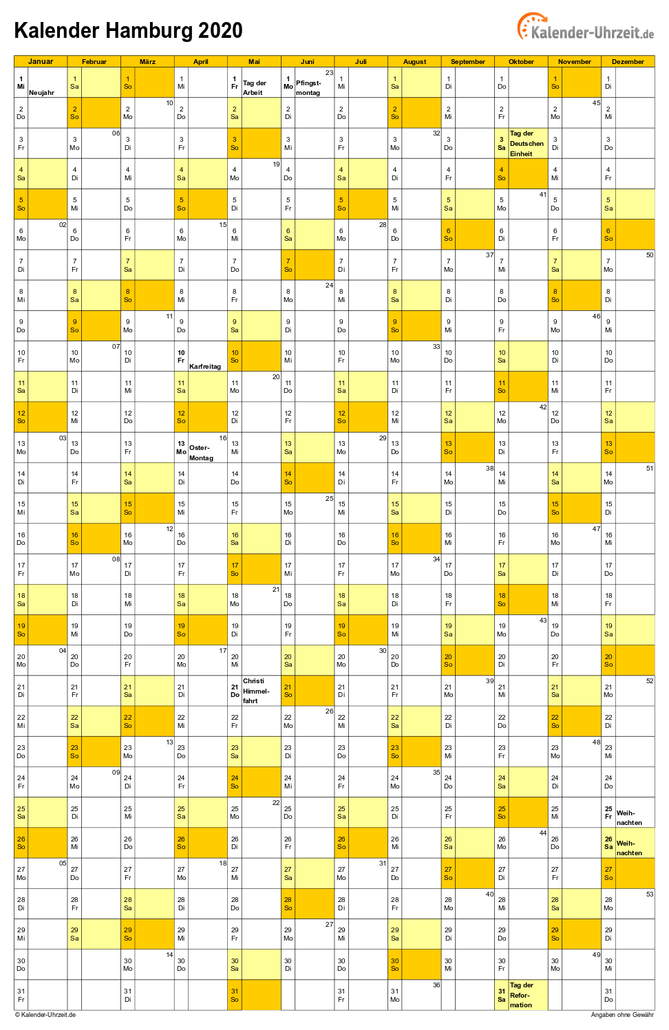 Hamburg Kalender 2020 mit Feiertagen - hoch-einseitig