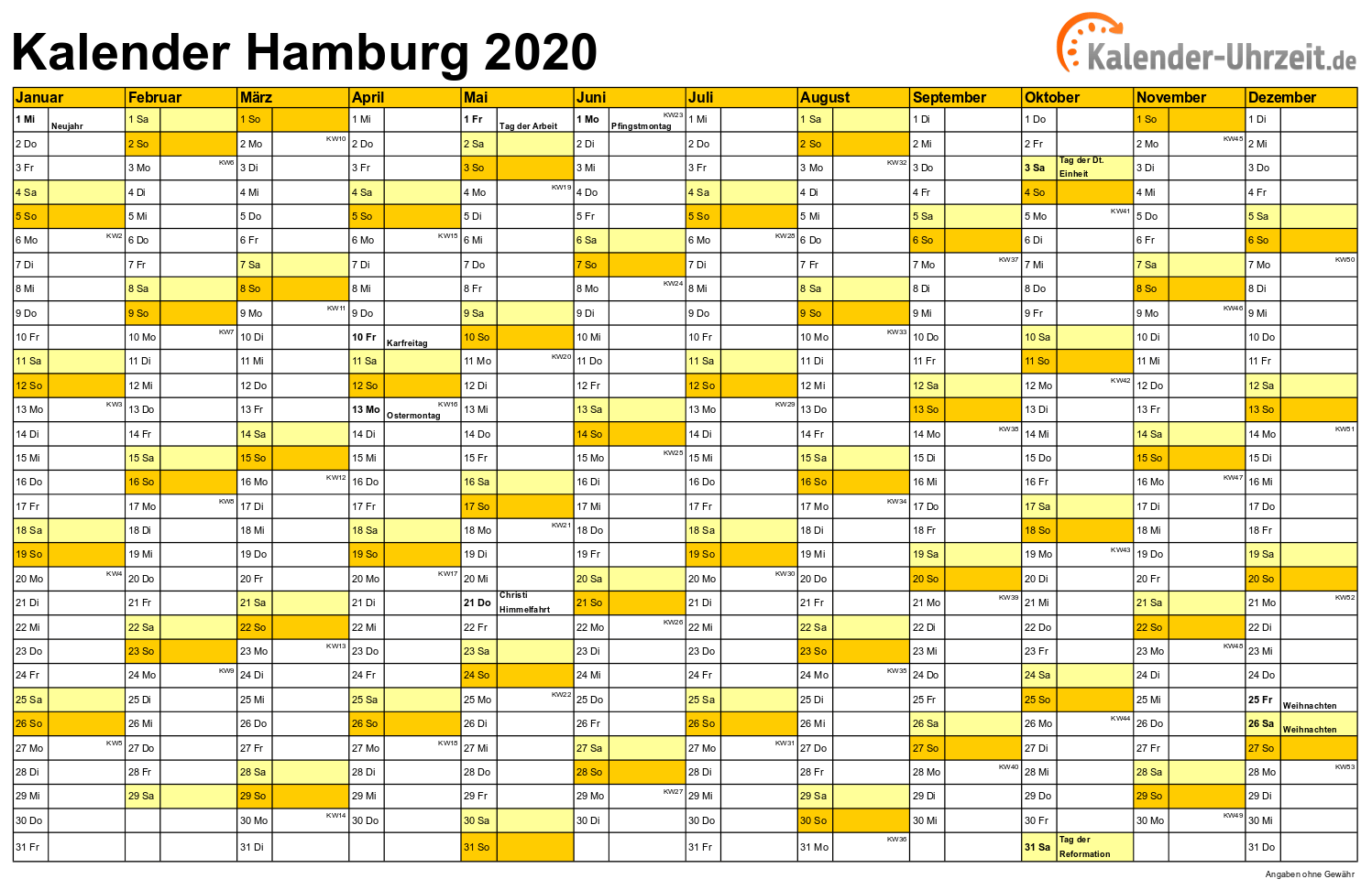 Hamburg Kalender 2020 mit Feiertagen - quer-einseitig