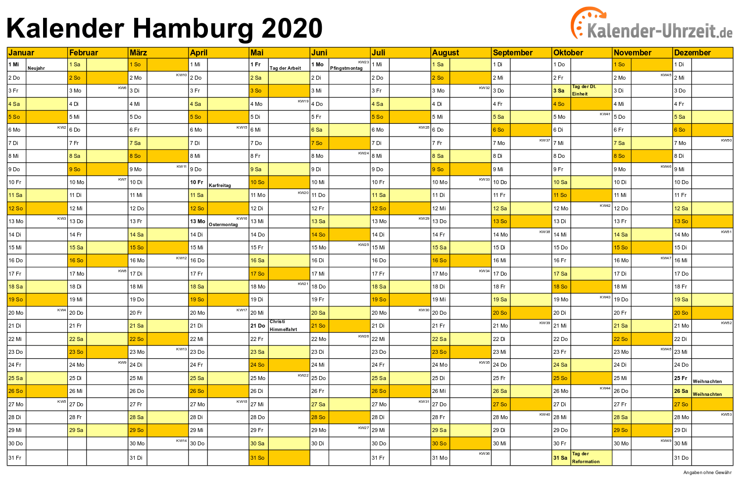 Hamburg Kalender 2020 - A4 quer-einseitig Hamburg Kalender 2020 mit Feiertagen - quer-einseitig