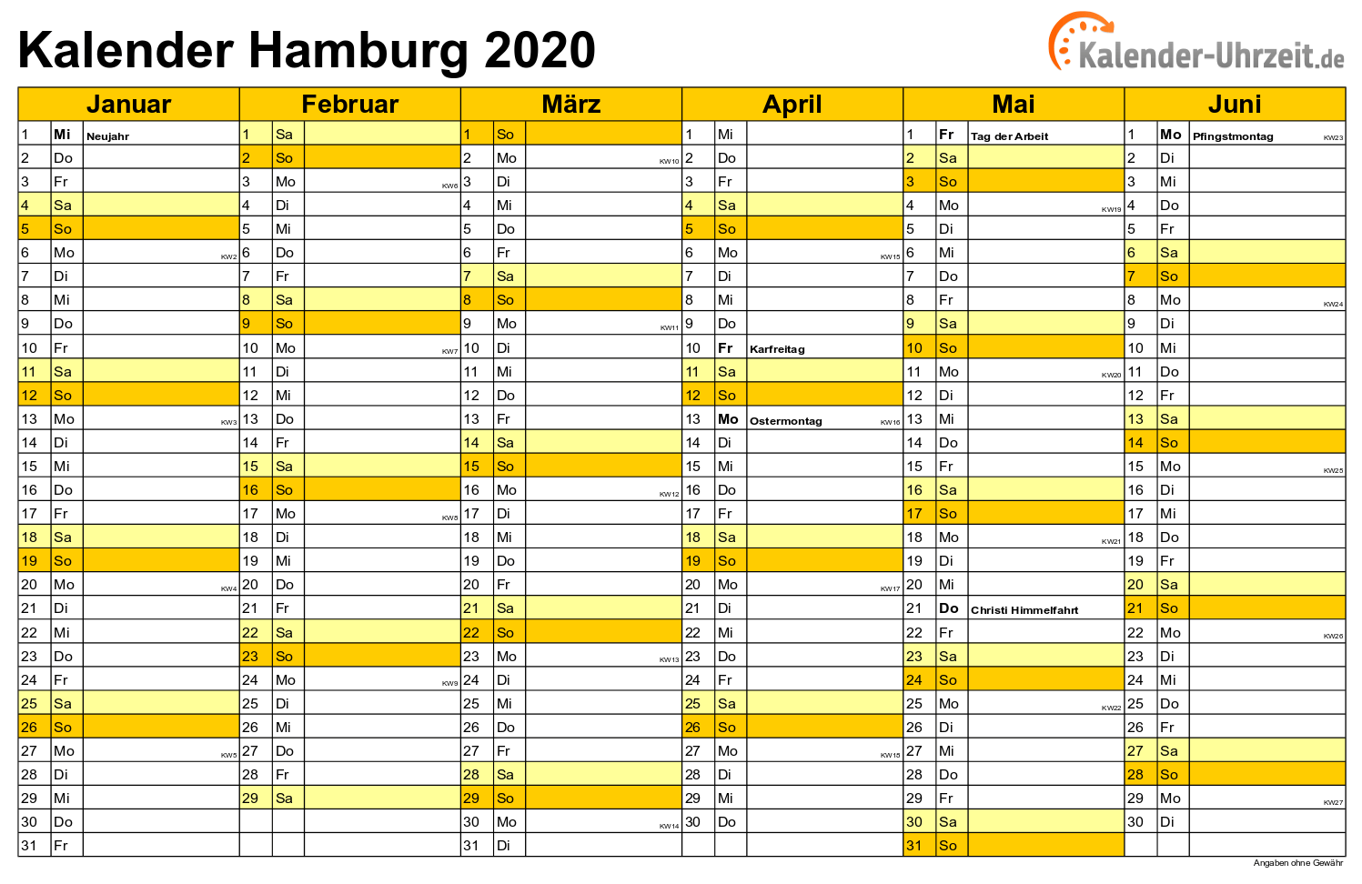 Hamburg Kalender 2020 - A4 quer-zweiseitig Hamburg Kalender 2020 mit Feiertagen - quer-zweiseitig
