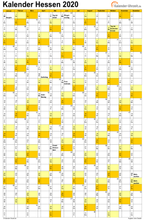 Hessen Kalender 2020 - A4 hoch-einseitig Hessen Kalender 2020 mit Feiertagen - hoch-einseitig