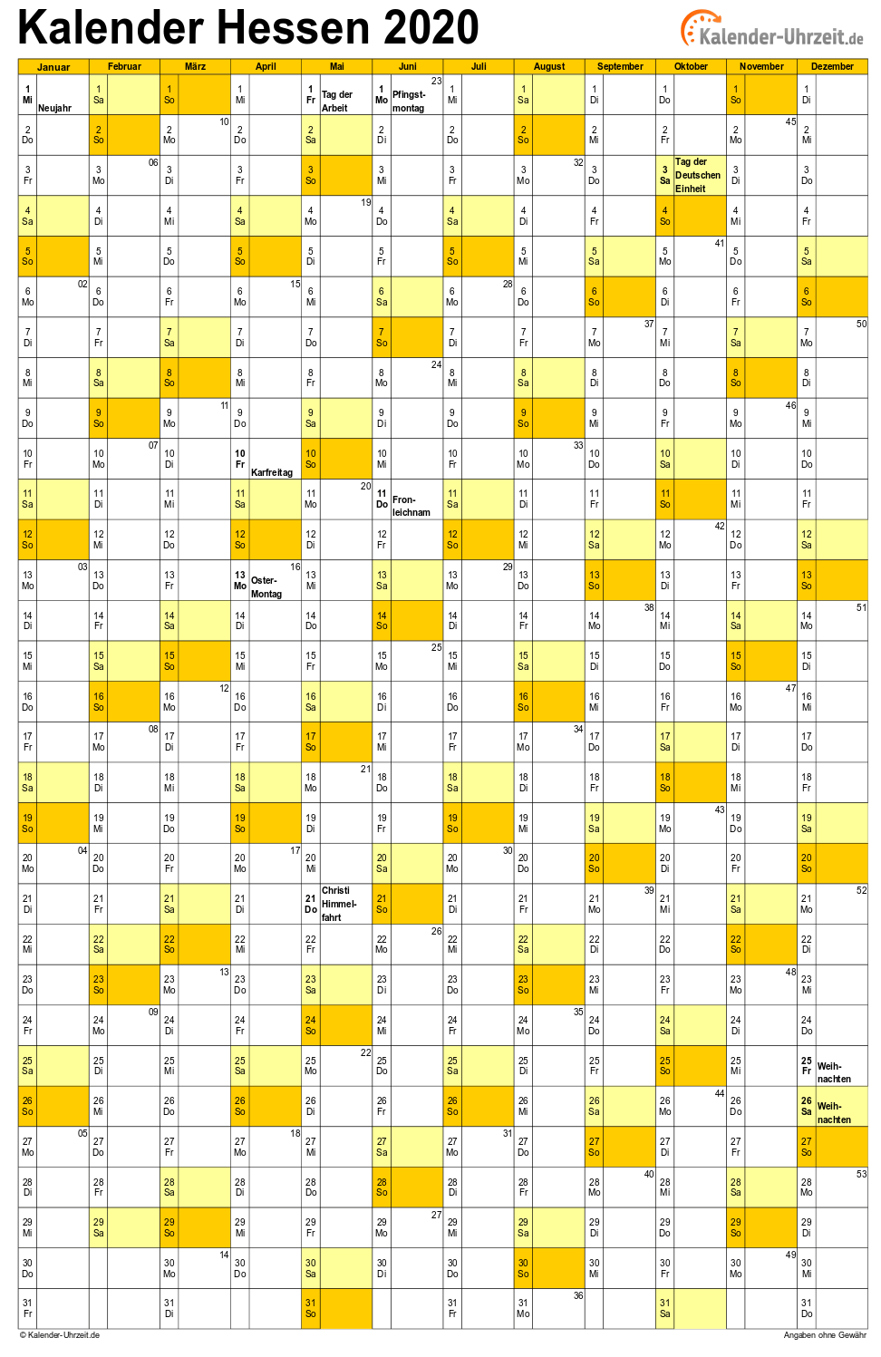 Hessen Kalender 2020 - A4 hoch-einseitig Hessen Kalender 2020 mit Feiertagen - hoch-einseitig