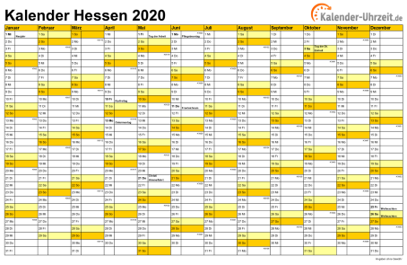 Hessen Kalender 2020 - A4 quer-einseitig Hessen Kalender 2020 mit Feiertagen - quer-einseitig