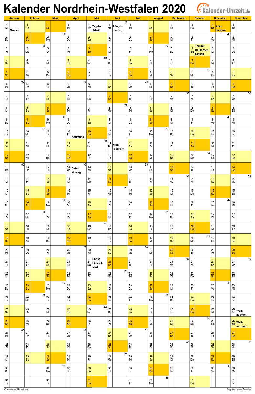 Nordrhein-Westfalen Kalender 2020 mit Feiertagen - hoch-einseitig