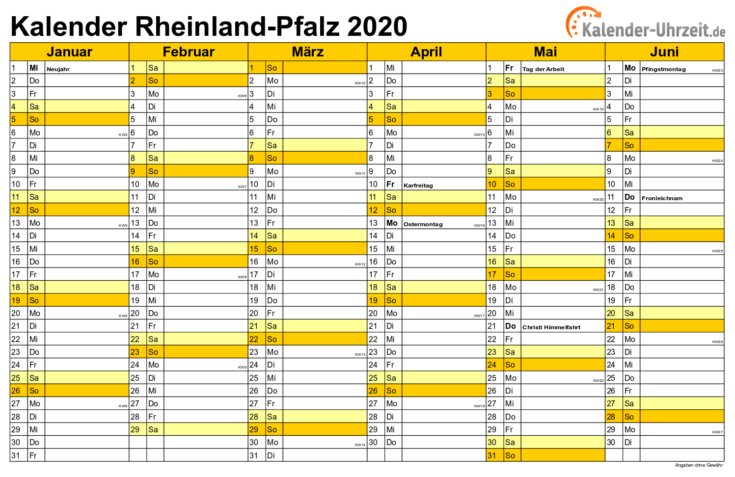 Feiertage 2020 Rheinland-Pfalz + Kalender