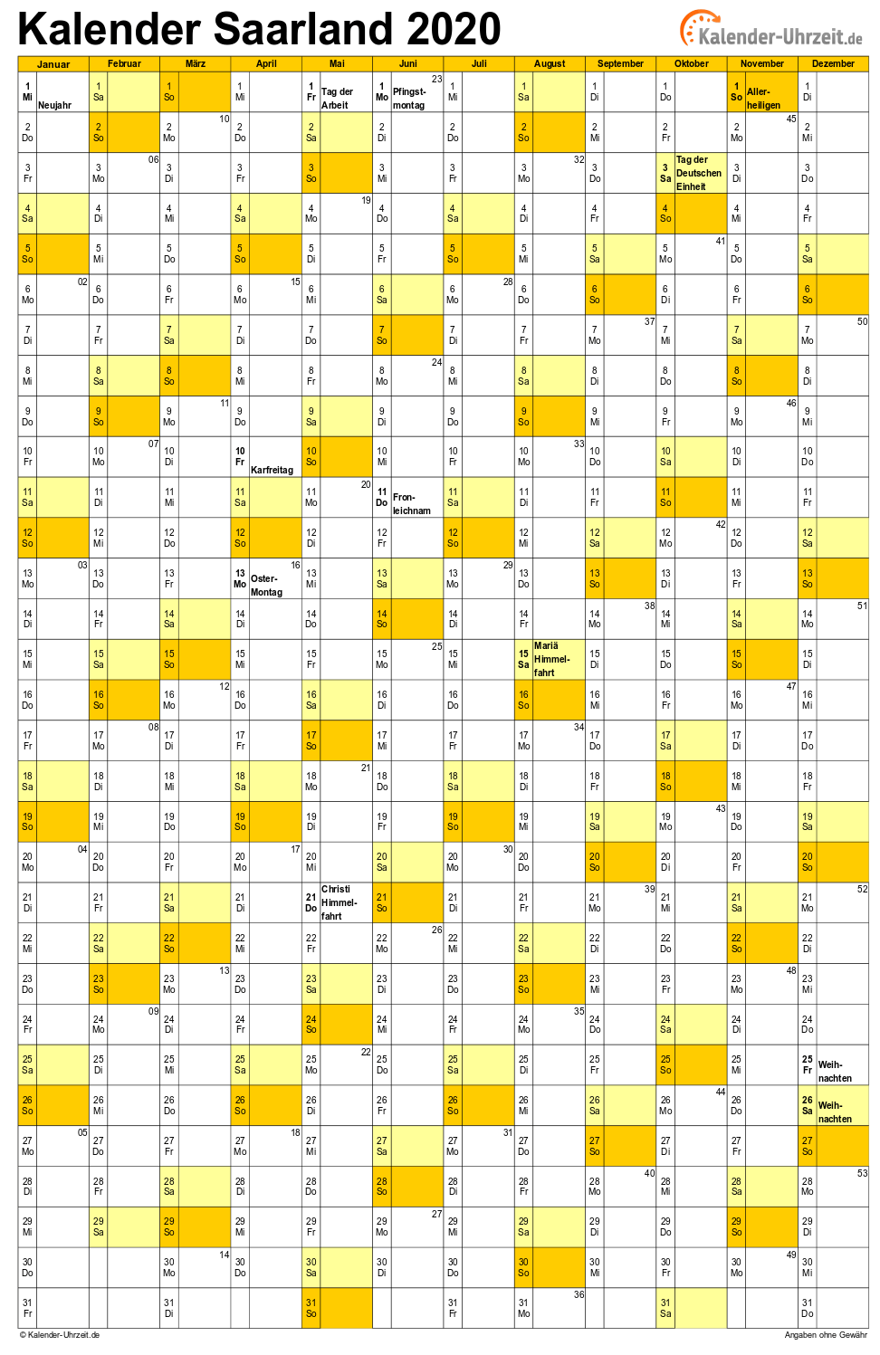 Saarland Kalender 2020 mit Feiertagen - hoch-einseitig