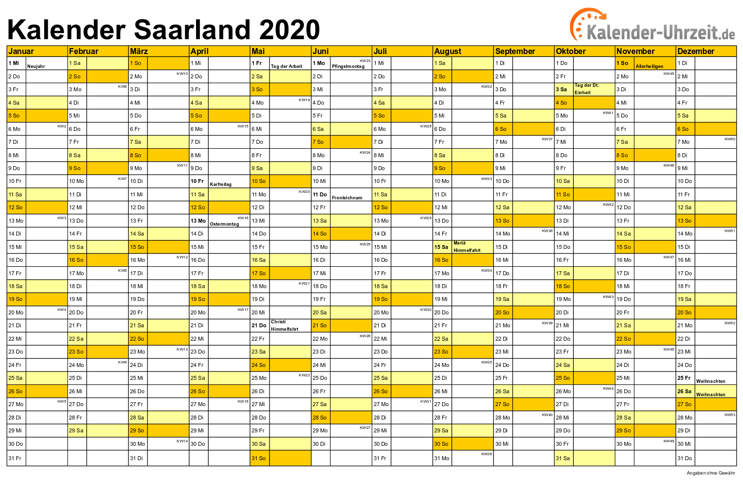 Saarland Kalender 2020 mit Feiertagen - quer-einseitig