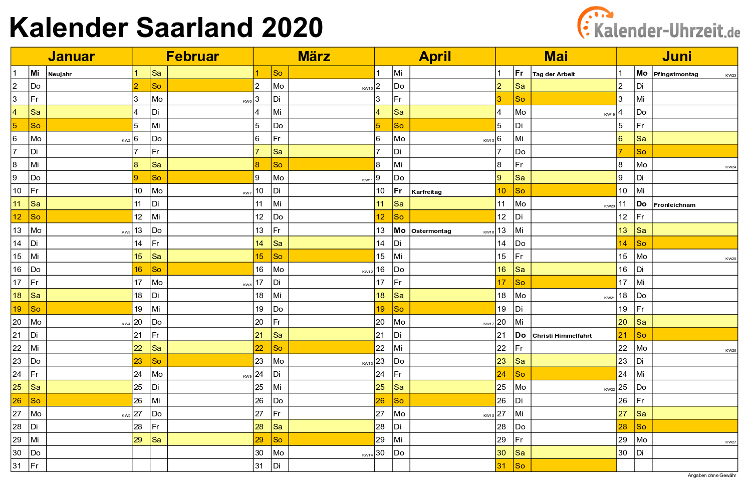 Saarland Kalender 2020 mit Feiertagen - quer-zweiseitig