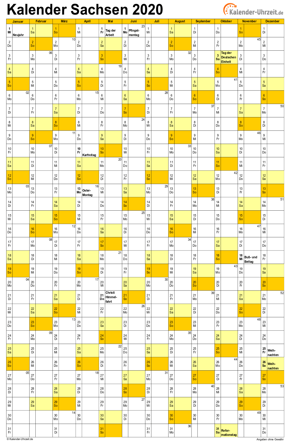 Sachsen Kalender 2020 - A4 hoch-einseitig Sachsen Kalender 2020 mit Feiertagen - hoch-einseitig
