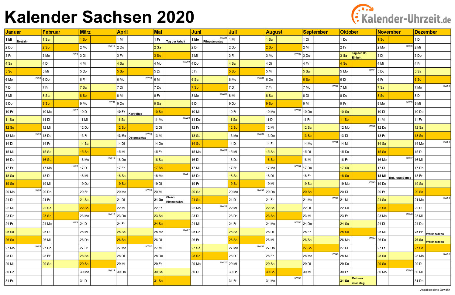 Sachsen Kalender 2020 mit Feiertagen - quer-einseitig