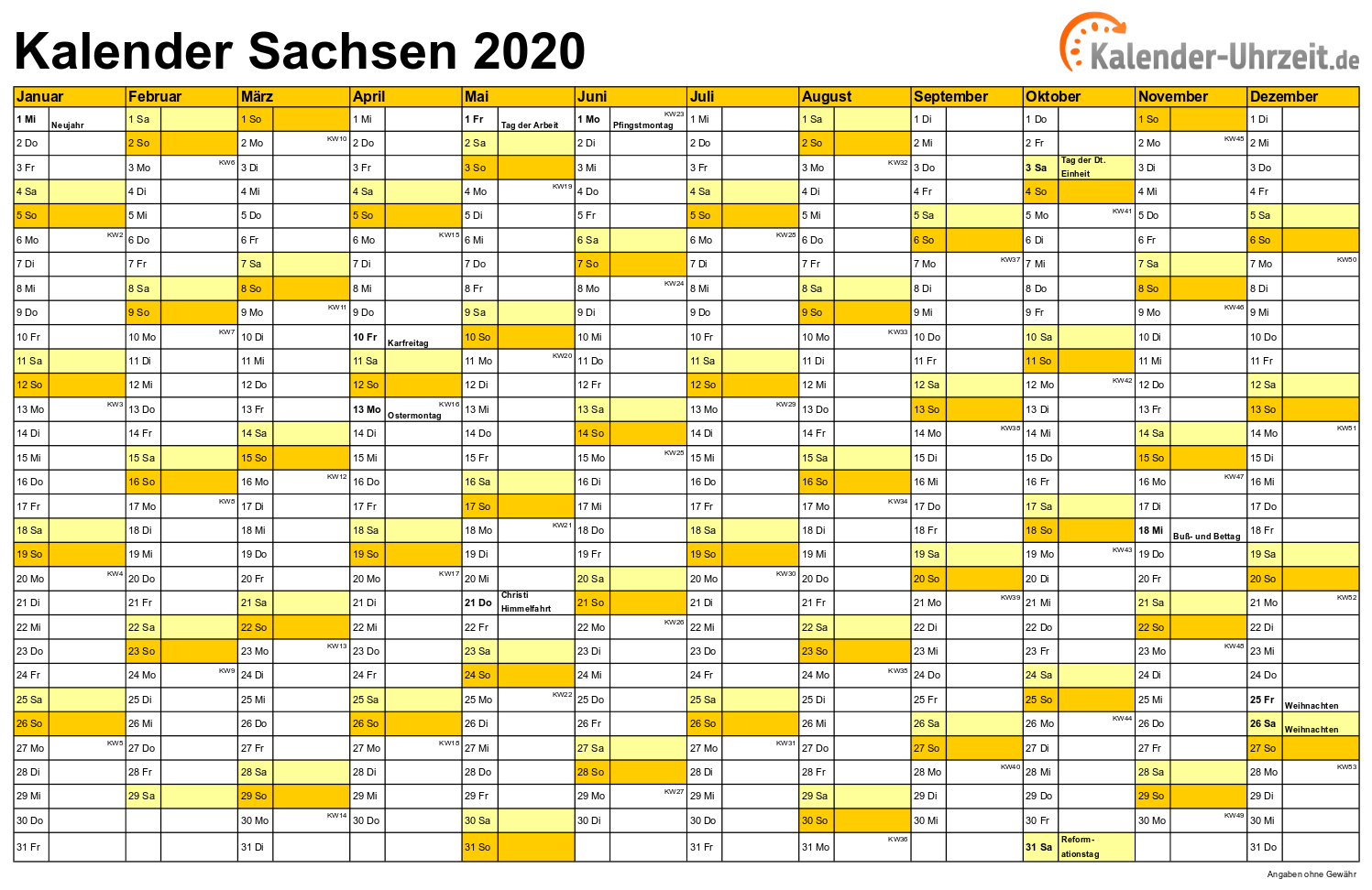 Sachsen Kalender 2020 - A4 quer-einseitig Sachsen Kalender 2020 mit Feiertagen - quer-einseitig