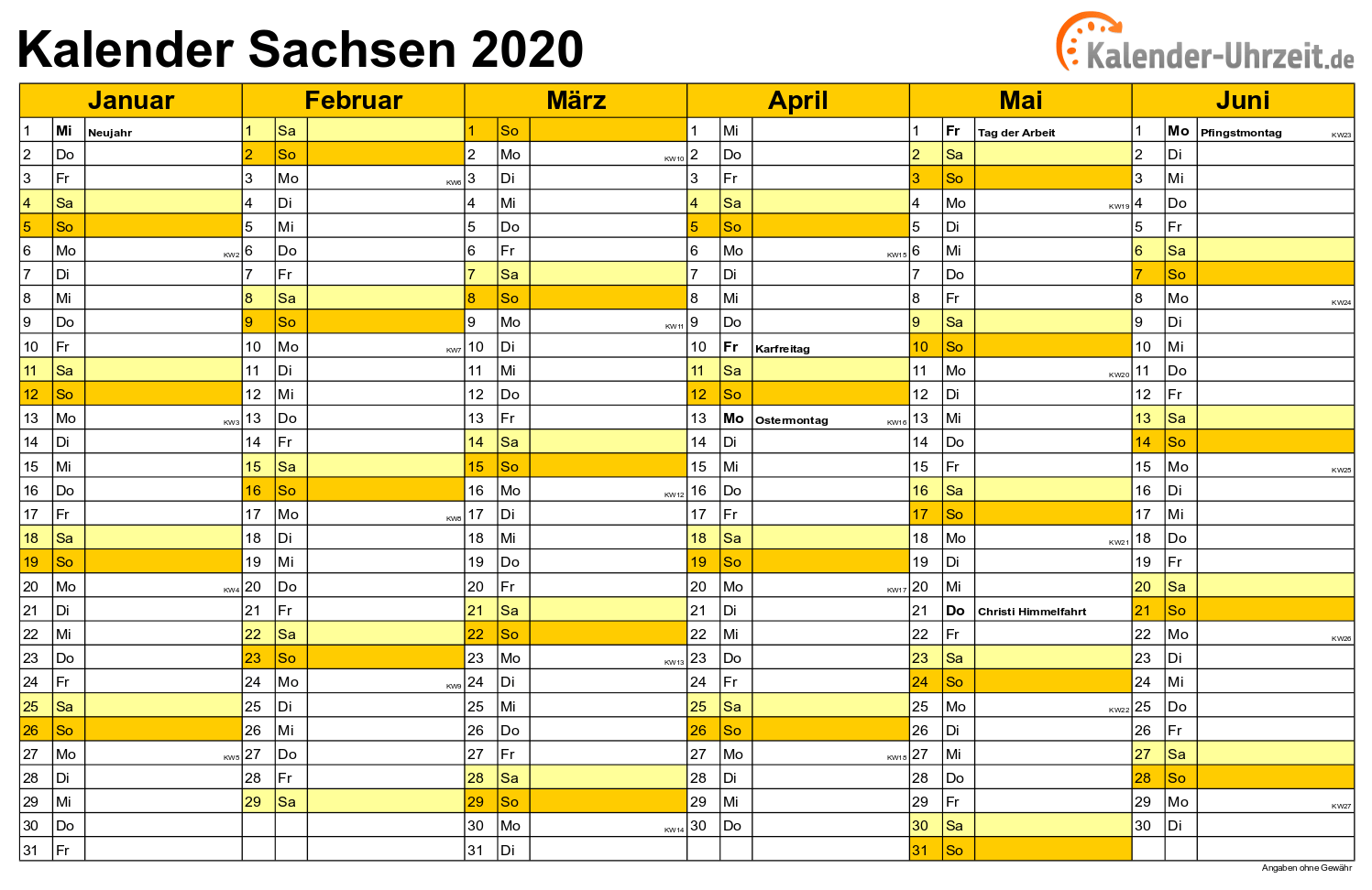Sachsen Kalender 2020 mit Feiertagen - quer-zweiseitig