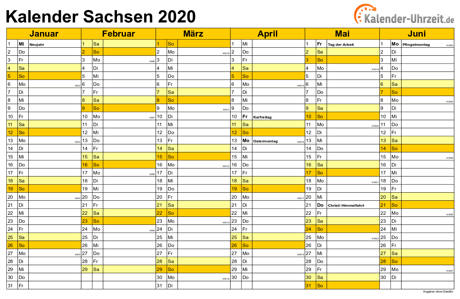 Sachsen Kalender 2020 - A4 quer-zweiseitig Sachsen Kalender 2020 mit Feiertagen - quer-zweiseitig