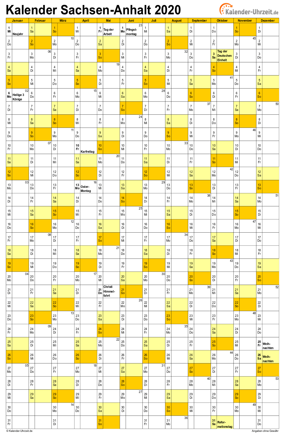 Sachsen-Anhalt Kalender 2020 mit Feiertagen - hoch-einseitig