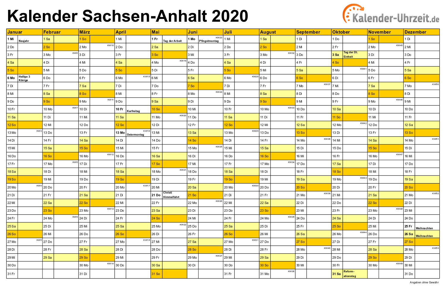 Sachsen-Anhalt Kalender 2020 - A4 quer-einseitig Sachsen-Anhalt Kalender 2020 mit Feiertagen - quer-einseitig